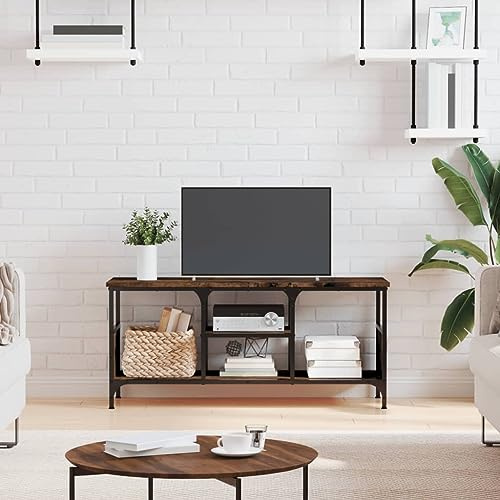 Hoopleep TV-Schrank Räuchereiche 100x35x45 cm, Holzwerkstoff & Eisen, Industrial Stil, Medien Konsole für Wohnzimmer