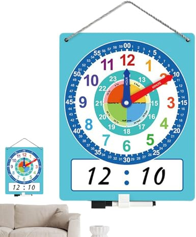Generisch Reloj de aprendizaje, pantalla de tiempo borrable en seco, cronómetro, herramienta de práctica de tiempo de escritura en doble cara, relojes de demostración de enseñanza, reloj educativo
