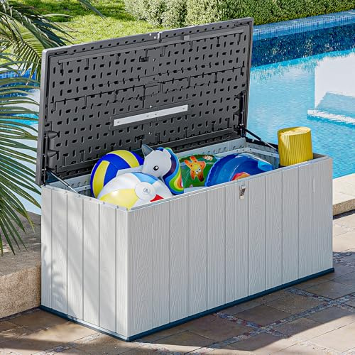 AOXUN Horizontal Storage Sheds 21 Cu.ft, HDPE Outdoor Storage Box 160 Gallon, Waterproof Lockable Resin Deck Box with Spring-Assisted Lid, Patio Storage for Garden, Pool, Cushions, Tools, White