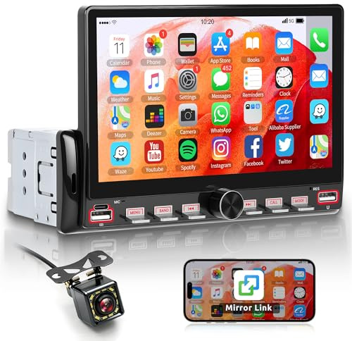 Rimoody Autoradio 1 Din avec Bluetooth iOS/Android Mirror Link 7 Pouces Écran Tactile des Touches du Piano Autoradio avec Bluetooth Mains Libres FM Radio USB/AUX/TF Commande au Volant Caméra de recul