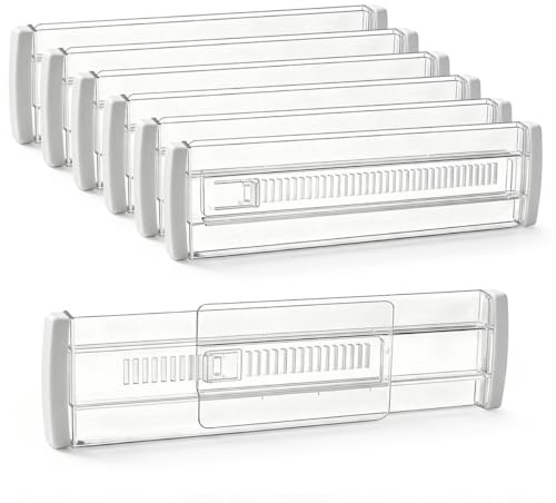 Rusoz 6er Set Verstellbare Schubladentrenner, Transparent Kunststoff Schubladen Organizer, 28,5–50,5cm Einstellbar, für Kleiderschrank, Schlafzimmer, Küche, Bad, Büro