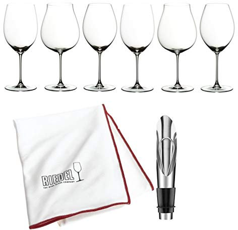 Riedel Veritas Set de dégustation de vin rouge – Lot de 6 comprend un bec verseur avec bouchon et un chiffon de nettoyage Riedel