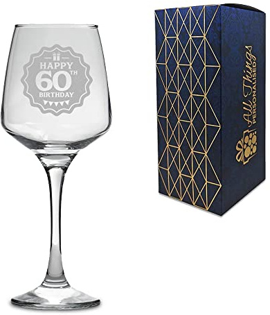 Novelty Engraved/Printed Tallo Wine Glass - Happy 60th Birthday - Engraved with Message