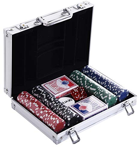 HOMCOM Pokerkoffer Pokerset 200 Pokerchips 2xKartenspiel 5xWürfel 1xAlukoffer Poker Set Jetons Koffer Alu+ Polystyrol 29,5x20,5x6,5 cm