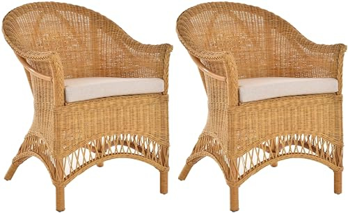 Krines Home 2er Set Extra breiter Rattansessel Landhaus Flechtsessel Natur Rattan Sessel Korbsessel Wintergarten (Honig)