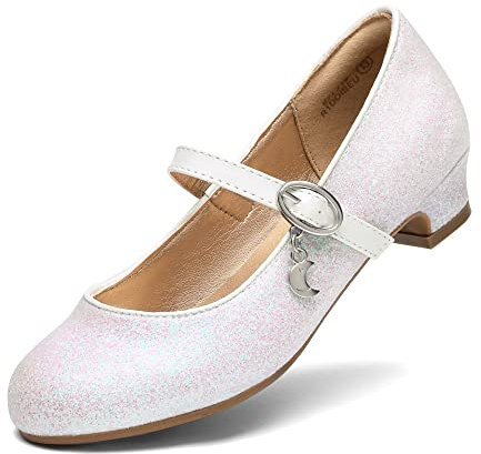 DREAM PAIRS Girls Mary Jane Low Heel Princess Flower Wedding Party Pump Dress Shoes,Size 3 Big Kid,White,KFL219
