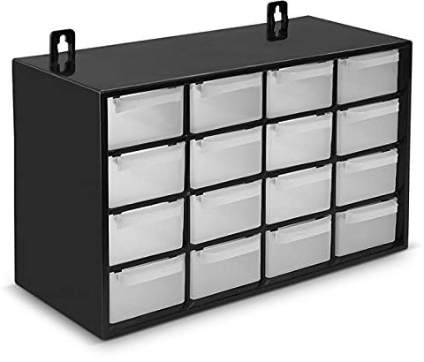 Clasificador apilable con 16 cajones, negro, 17 x 27 x 12 cm. Módulo, estante organizador de plástico para piezas pequeñas, taller, costura
