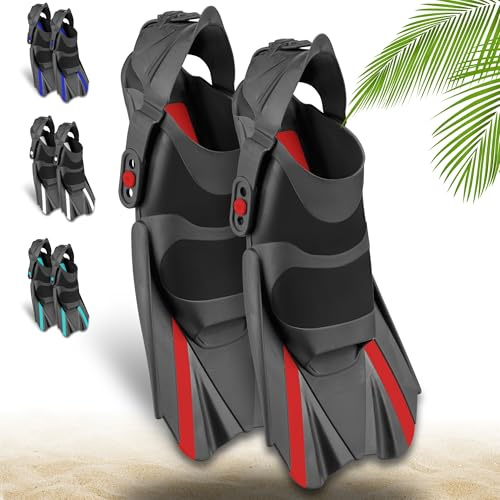 Khroom corte pinne da snorkeling regolabili con sacca appendibile | taglia 36-47 | pinne corte per il nuoto, per adulti, uomini e donne (36-41, Rosso)