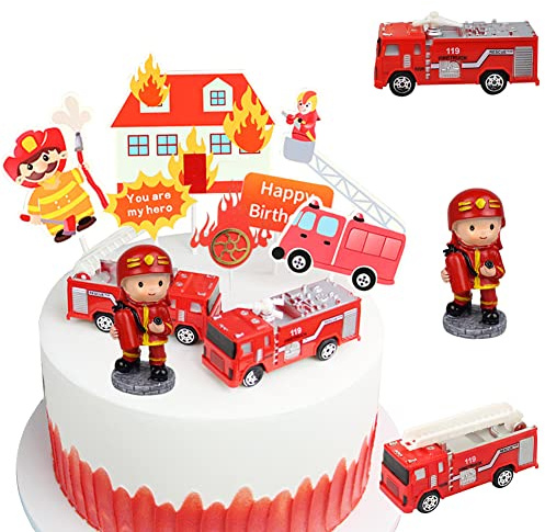 MEZHEN Feuerwehrmann Tortendeko Geburtstag Kuchen Deko Figuren Feuerwehrauto Cake Topper Happy Birthday Kindergeburtstag Deko Torte Geburtstagsdeko Kuchendeko Feuerwehrmann Geburtstagsparty, Rot