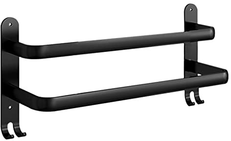ASFINS Handtuchhalter Schwarz Handtuchstange Ohne Bohren Badetuchhalter, Handtuchstange Doppelt mit Haken für Badezimmer, Schlafzimmer, Küche, Wandmontage, 2-Wege-Installation (Schwarz, 40 cm)