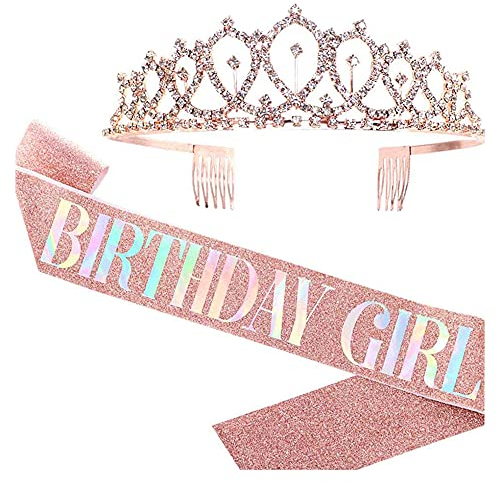 PLABBDPL Kit de Couronne Anniversaire Birthday Girl, Echarpe Diademe Accessoire Très Approprié pour Décoration Cadeau Costume d’Anniversaire Fille (2PCS,Rose)