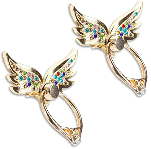 Angel Wings Glitter Bling Bling Phone Ring Holder, 2 Pack Sparkle Phone Ring Grip Artificial Diamond Stand,Rhinestone Cell Finger Ring for Phones,Pad