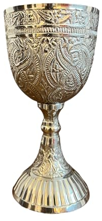 Morcomart Brass Embossed Victoria Chalice Goblet Silver Finish Wine Glass Cup (Pack OF 1)