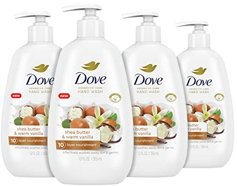 Dove Advanced Care Hand Wash Shea Butter & Warm Vanilla 4 Count for Soft, Smooth Skin, More Moisturizers than the Leading Ordinary Hand Soap, 12 oz