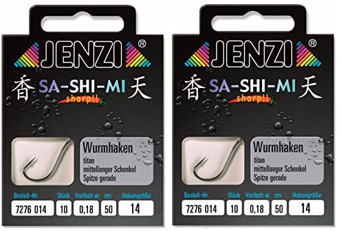 Set # 2 Packungen (20 Stück) Wurmhaken von Jenzi, fertig gebunden, Hakengrößen 2 4 5 6 8 10 12 14, 50 cm +gratis Petri Heil! Aufkleber