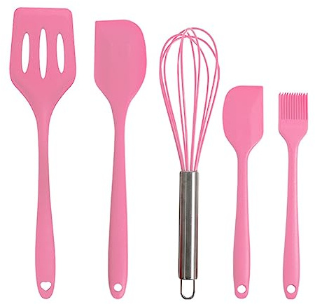 Set di utensili da cucina in gomma siliconica, 5 pezzi (raschietto piccolo + raschietto grande + frusta per uova + spatola per perdite + pennello per olio piccolo) rosa