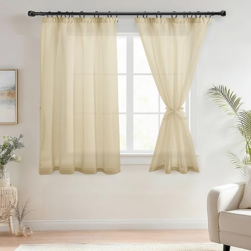 DWCN Vorhänge mit Kräuselband Transparent Gardinen Beige Kurz H145 x B140cm | 2er Set, Voile Gardinen mit Raffhalter, Durchsichtig, Lichtfilterung, für Schienensystem, für Küche Schlafzimmer Kinderzimmer