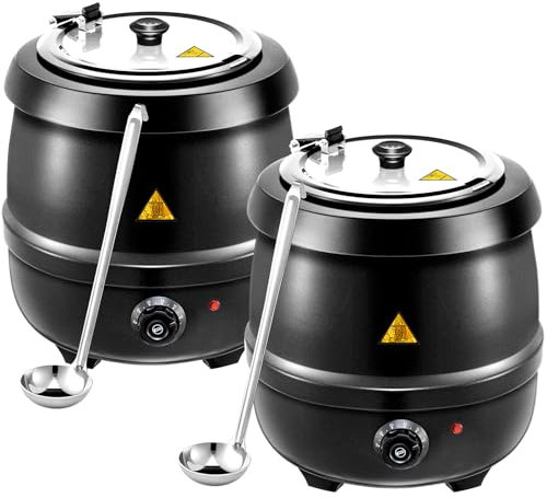 Suclain Lot de 2 Chauffe-Plats Soupières Électriques de 10,5 l, Grand Chauffe-Soupe Commercial avec 2 Louches, Couvercle à Charnière en Acier Inoxydable, Pot à Soupe Électrique Portable pour Réunions