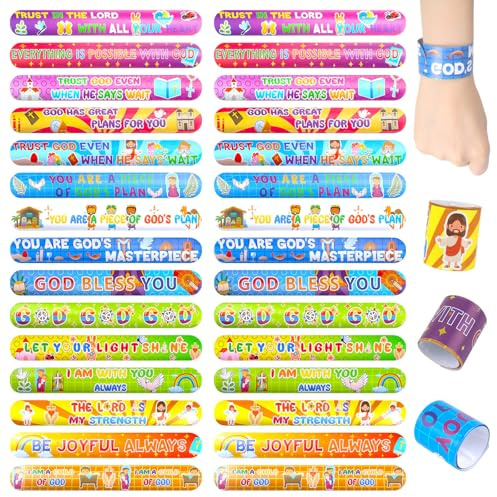 LovesTown 48PCS Christian Snap Bracelets, Bible Verses Religious Slap Wristbands Slap Bracelets for Kids Sunday School Gifts Classroom Prizes