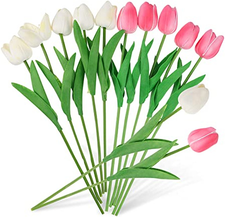 LIFKOME Bouquet Aspetto Naturale senza Sbiadimento di 10 Tulipani Artificiali Realistici in Pu e Ferro, Fiori Finti per Decorazioni Tavolo e Casa