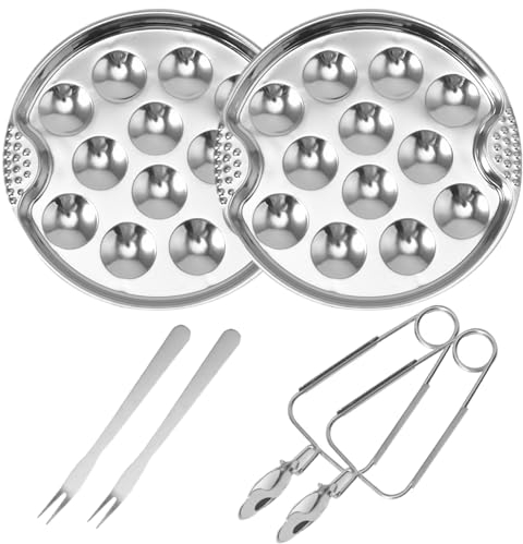 Escargot Plate Snail Dish Stainless Steel Escargot Dining Set 2 Sets Stainless Steel Escargot Dish with Tong and Fork Round 12 Compartment Handled Escargot Baking Dish