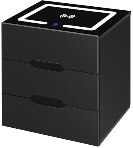 Panana Bedside Table with with Wireless Charging Station, 2 USB Port & Touch Screen, 3-Color Dimmable LED Smart Nightstand with 3 Drawers End Table Organizer for Living Room Bedroom (Black)