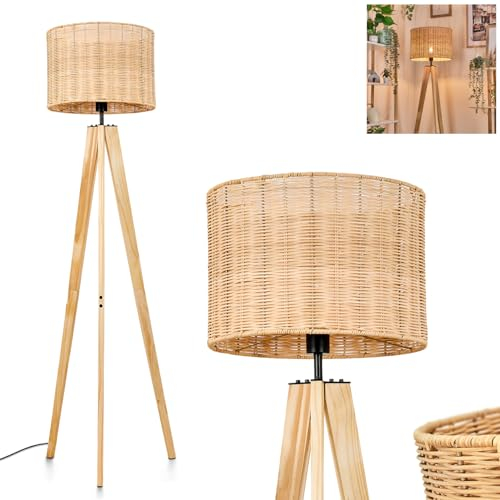 Stehleuchte Cavaca, Stehlampe aus Holz/Korbgeflecht/Rattan in Naturfarben, Leuchte im skandinavischen Design mit rundem Schirm (Ø 40 cm) u. Fußschalter, Höhe 162 cm, 1 x E27, ohne Leuchtmittel