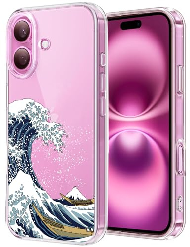 Unov Hülle für iPhone 16, Handyhülle Klar mit Motiv, Große Welle | Transparente Schlank Guter Halt, Rutschfest Prägung Muster, Stoßfest Schützende, Erhöhter Kameraschutz, Kratzfest Weich TPU