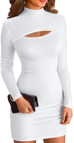 ELFIN Damen Bodycon Kleid Gerippt Langarm Minikleid Cut Outs Stehkragen Party Club Mini Kleid Einfarbig (S, Weiß)
