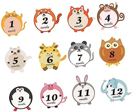 ULDIGI Pegatinas Mensuales para Ñiño Diseño de Animales, 12 Piezas de Pvc, Decorativas y Prácticas para Fotos de Recién Nacido y Baby Shower