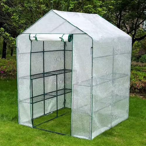 Invernadero portátil con puertas con cremallera para cultivo al aire libre, casa verde de plástico de 3 niveles para plantas pequeñas, jardín, patio, interior, patio, blanco, 143 x 143 x 195 cm