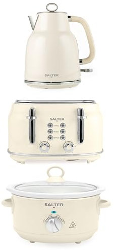 Salter Retro Kettle, Toaster & Slow Cooker Set – 4-Slice Toaster, 6 Browning Levels, 1.7L Rapid Boil Kettle, 3.5L Electric Slow Cooker, Dishwasher Safe Ceramic Pot, 3 Heat Settings, Cream, COMBO-9505