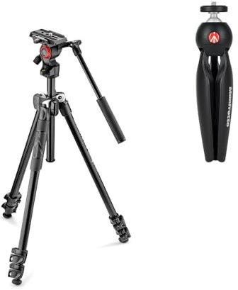 Manfrotto 290 Kit Treppiede Leggero con Testa Fluida Video e Mini Treppiede per Fotocamera PIXI, per DSLR, Fotocamere Compatte, Mirrorless, Video, Videografia, Nero