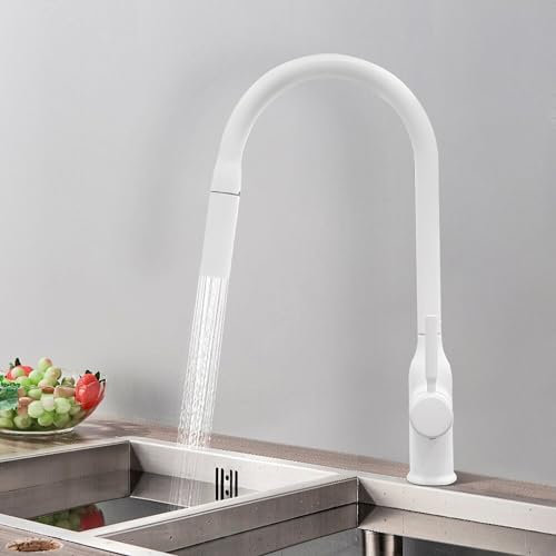 Wasserhahn Küche Waschtischarmatur Bad Mischbatterie Badarmatur Zwei Sprühfunktionen Küchenarmatur 360°Schwenkbar mit Brause Ausziehbar für Bad Küchen (Weiß)