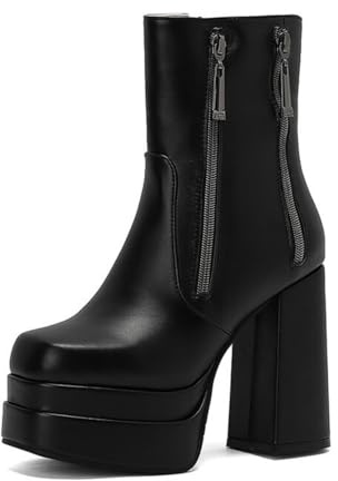 smlekwc Bottes Courtes en Cuir À Bout Rond pour Femmes Bottines À Plateforme À Talon Bloc Bottes Robe Rétro À Talons Hauts avec Fermeture Éclair Latérale,Noir,40 EU