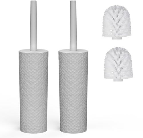 Toilet Brush, 2 Pack Toilet Brushes & Holders Sets with Plastic Handle & Soft Flexible Bristles, 4 Toilet Brush Heads for Bathroom Toilet-Ergonomic, Elegant, Durable Loo Brush (Grey)