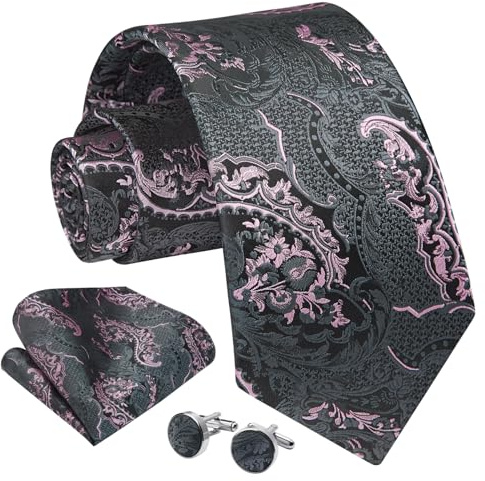 Enlision män slips paisley slips för män bröllop slipsar och näsduk manschettknappar set formell business, svart / rosa, En Storlek