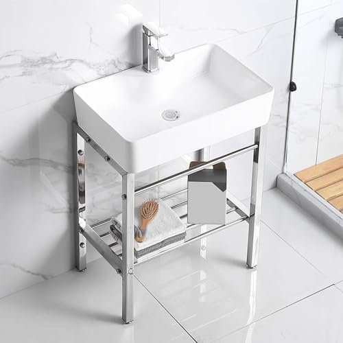 DXIAov Freistehender Waschbecken mit Wasserhahn, Keramik Spülbecken Spültisch Set mit Edelstahl Ablagefach und Abfluss, Standschrank für Bad Waschküche Garten Hinterhof