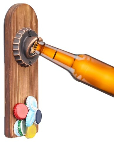 Décapsuleur Mural en Bois pour Réfrigérateur, Ouvre-bouteille Mural Vintage, Accessoires de Bière Bar avec Récupérateur de Bouchons Magnétique, Cadeau pour Amateurs de Bière