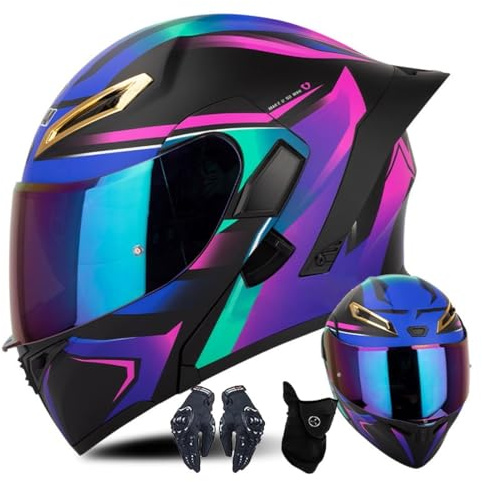Modularer Motorradhelm Mit Handschuhen Und Gesichtsschutz, Flip Up Helm Erwachsener Motorradhelm Mit Doppelvisier, ECE-geprüfter Helm Für Männer Und Frauen