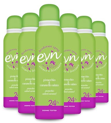 EVIN | Deodorante Donna Spray Pistacchio e Caramello, Profumo Vivace e Frizzante, Formula Attiva per 24h, 6x150ml