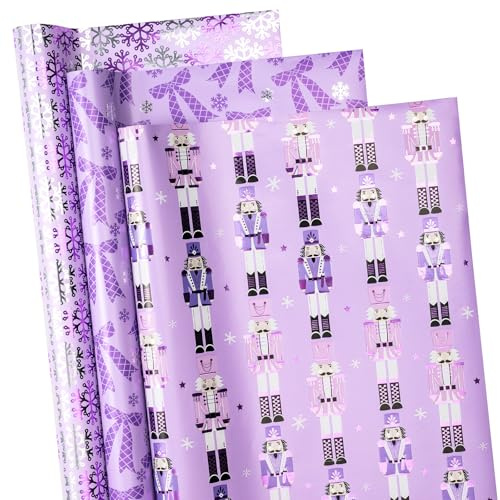 RUSPEPA Juego De Papel De Regalo Navideño Morado, Mini Rollo, Con Diseño De Soldado Cascanueces, Copo De Nieve Y Lazo Dorado, Ideal Para Regalos Navideños, 3 Rollos, 43,2 Cm X 3 M Cada Uno