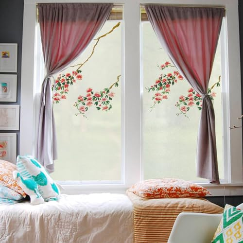 Film Opaque Vitrage Fleurs Vert Orange Film Opaque Fenetre Anti Regard Electrostatique Pas De Colle Brise Vue Fenetre pour Salle de Bain Bureau Cuisine 60x116 cm/4 pcs