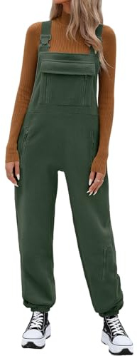 PASUDA Womens Overalls Casual Loose Fleece Dungarees Winter Warm Baggy Adjustable Straps Jumpsuits Playsuit Sleeveless Bib Pants with Pockets (Army Green, XXL)