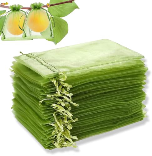 ZORVYN 30 Stücke Traubenschutzbeutel Organzasäckchen Kordelzug Organza Säckchen Netz für Weintrauben, Garten Netzbeutel Schutz vor Kirschessigfliege Wespen and Vögeln (17x23cm)(grün)