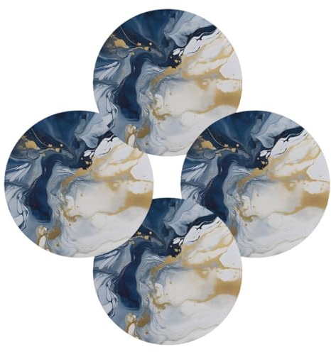 Entemne Set di 4 tovagliette rotonde con texture marmorizzata blu dorata, lavabili e resistenti al calore, per feste, decorazioni per la casa, uso quotidiano