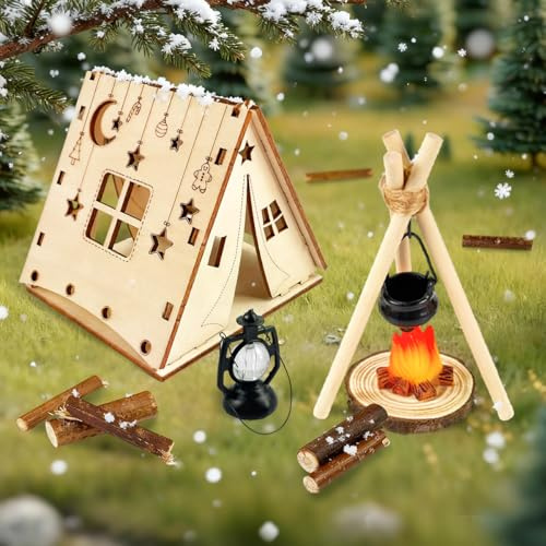 Wichtel Zubehör Weihnachten, Schneezelte Camping Miniatur Wichteltür Zubehör, mit Led Licht, Stiefel, Licht, und Andere Zubehör, Puppenhaus Zubehör für Weihnachten DIY Geschenk