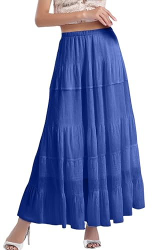 2026 Femmes Mousseline Blanc Fluide Maxi Jupe Boho Été Taille Élastique Plissé Ligne A Jupe Longue pour Femmes Portefeuille Homme, bleu, XL