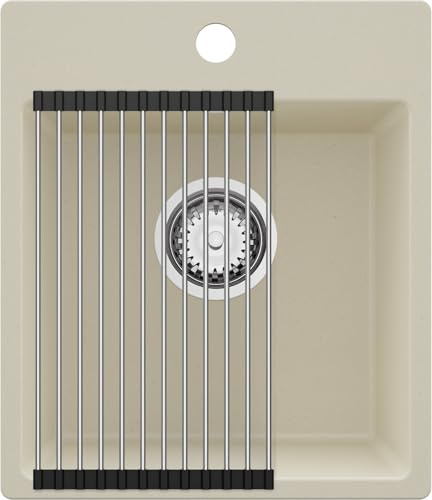 PRIMAGRAN Fregadero Cocina al Mueble 40cm + Kit de desagüe, 38x44cm | Set: Kit de desagüe (sifón, válvula, rebosadero) + Enrollable Escurridor + Riga Easy 1 Seno Granito, Beige