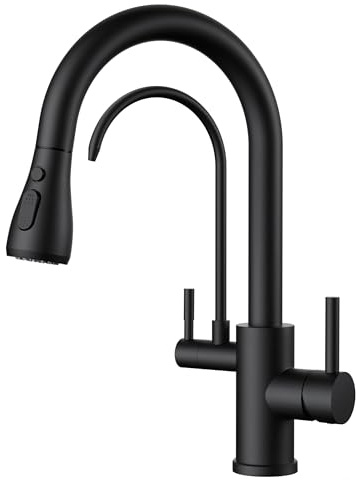 FORIOUS Kitchen Tap, 3 Way Kitchen Tap, 360° Swivel High Arc Dual Handle Water Filter Faucet with Pull Out Soray, Matte Black